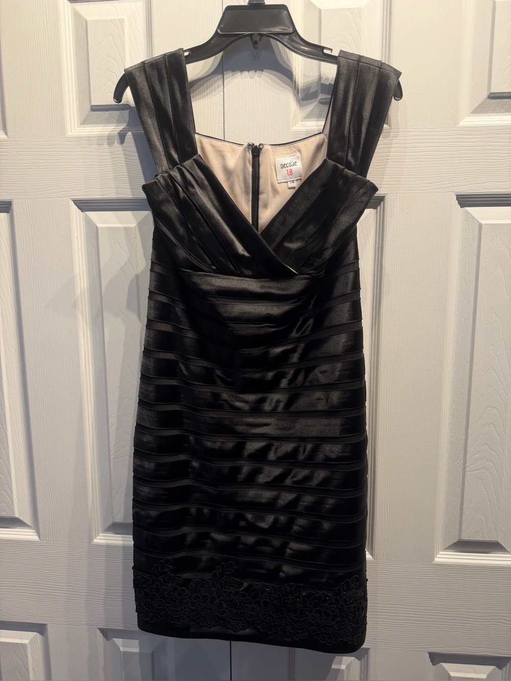 NWOT Decode Black Satin Sleeveless Bandage Cocktail Dress with Lace Trim
